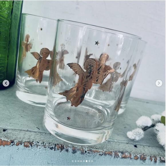 Vintage Culver MCM Lowball Glass Barware Gold Angel Cherub Snowflake SET 3 - Picture 6 of 8